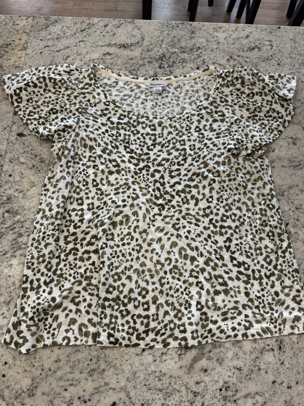 Tommy Bahama Olive Leopard Scoop Neck Short Sleeve Top